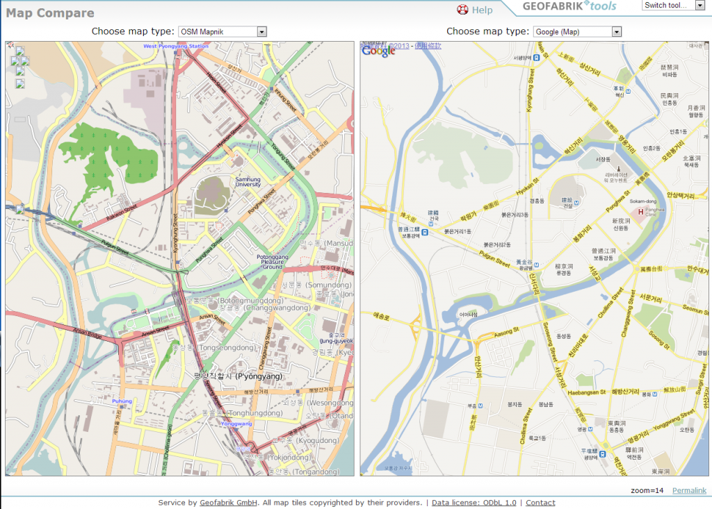 平壤地區的地圖比較:左邊是OpenStreetMap右邊是Google Map,OpenStreetMap比Google Map有更多細節