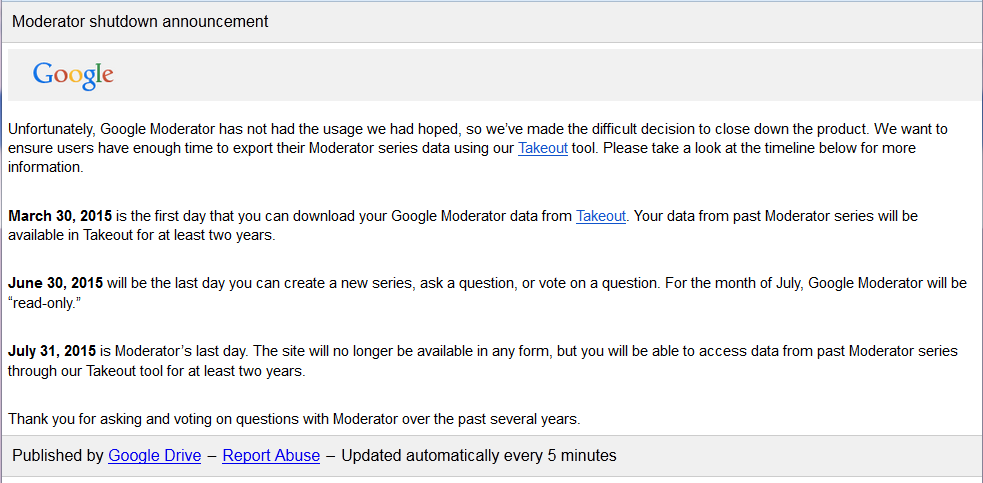 Google-Moderator shutdown announcement