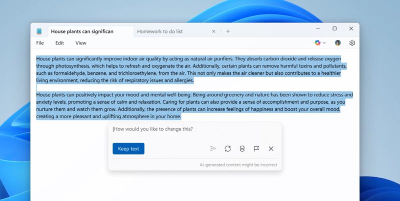 微軟 Notepad 現可用生成式 AI 幫忙工作