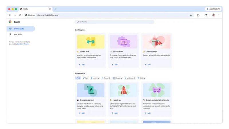 AI 提示詞轉為一鍵重複使用「技能」，Chrome 瀏覽器新增技能庫